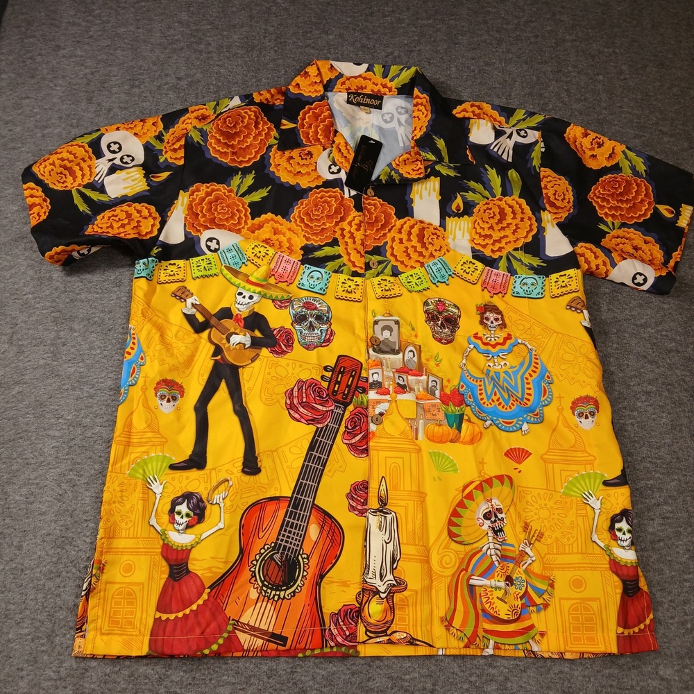 Kohinoor Day of the Dead Shirt Men Large Yellow Marigold Skeleton Dia de Muertos